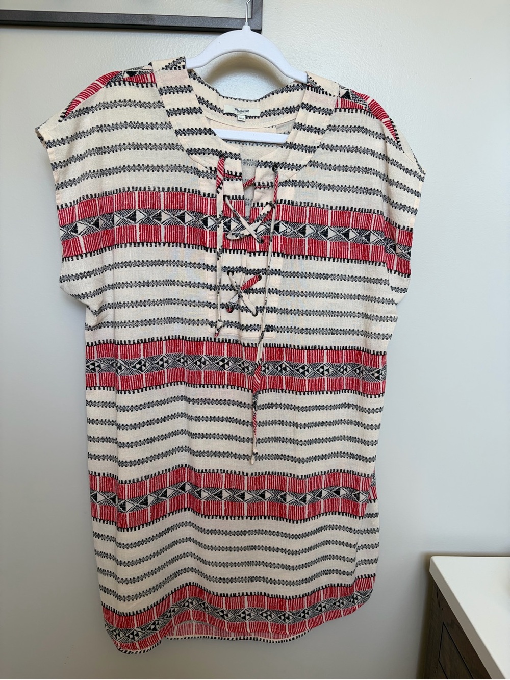 Madewell Cream Dress with Red and Black Stripe Pattern